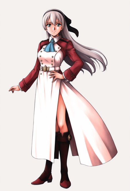 masterpiece, best quality, solo, 1girl, smile, looking at viewer, <lora:FF7-Offical-Art-illus_Fp:1>, 1990s \(style\), simple background, full body, standing,  elie macdowell, black hairband, hair ribbon, long hair, blue ascot, uniform, long red sleeves, white dress,