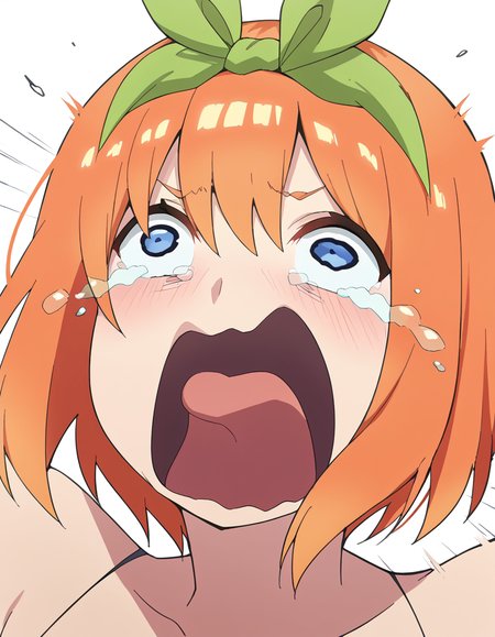 score_9, score_8_up, score_7_up, source_anime, <lora:yotsuba-nakano-s2-ponyxl-lora-nochekaiser:1>, yotsuba nakano, bangs, short hair, blue eyes, hair between eyes, hair ribbon, hairband, orange hair, green ribbon, large breasts,, <lora:crying-aqua-ponyxl-lora-nochekaiser:1> crying aqua, crying aqua (meme), screaming, crying, crying with eyes open, tears, tongue, open mouth,, ,
