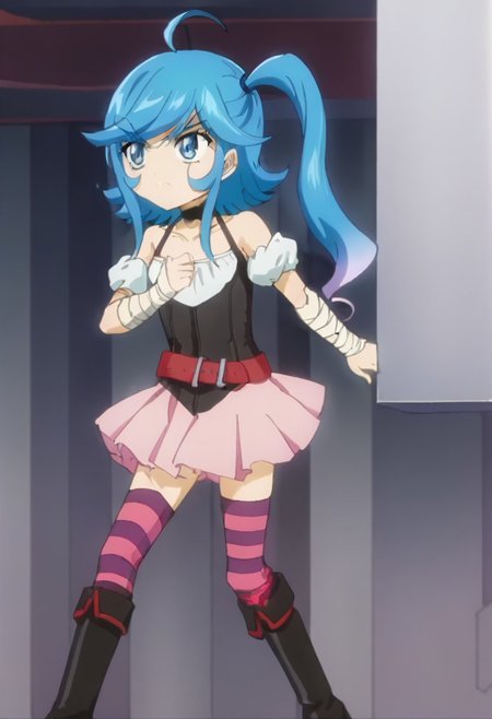 score_9, source_anime, masterpiece ,anime screencap, 1girl, solo, kamijo_epoch, blue hair, multicolored hair, side ponytail, ahoge, blue eyes, black choker, black wear, bare shoulders, red belt, pink skirt, horizontal-striped thighhighs, bandaged arm,