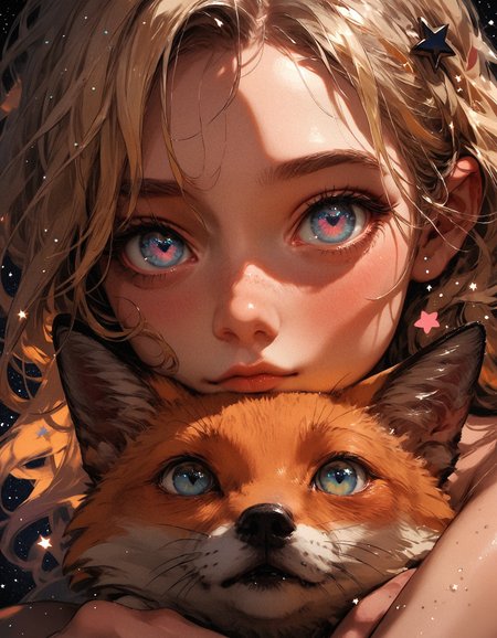 score_9, score_8_up, score_7_up, score_6_up, score_5_up, score_4_up,  girl and a fox, (black star:1.2), girl has blonde hair and blue eyes, pink heart, small eyes, galaxy, black background