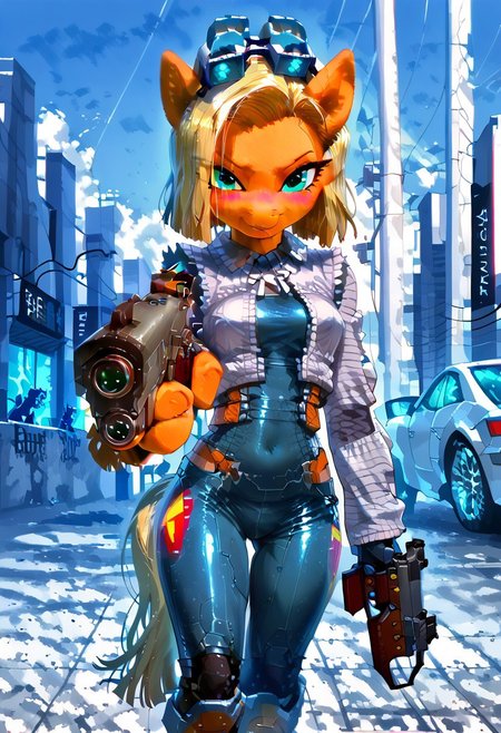 score_9,score_8_up,score_7_up,source_anime, 1girl combinestyle , highres, high quality, perfection, masterpiece, detailed, holding weapon, handgun, holding gun, aiming at viewer, revolver, finger on trigger, aiming at viewer, revolver, finger on trigger ,science fiction, looking at viewer,
1girl, solo, (((front view))), , (((master piece:1.2))),(((best quality:1.2))),(((ultra detailed))),(((1girl))),(((intricate))),(((anime screencap))),(((very aesthetic:1.2))),((( Cite 17 background))),(((absudres:1.2))),(((embroidered))),(((scenery))),((extremely detailed CG)),(dynamic angle:1.4),vensu bdy woman in sci fi outfit standing on deserted street holding gravity gun, (((pony head:1.5)))
BREAK,
half life (series), (android 18 reimagined as a scientist in hev suit from half life 2),breasts, 1girl, blonde_hair, blue_eyes, (dynamic pose:1.4), Cite 17 background,  (((pony head:1.5))),smile, solo, looking_at_viewer, detailled_background, blonde android 18_hair, blush, boots, gloves, standing, cowboy_shot, hev armor style, holding a crowbar, weapon, solo focus, holding, outdoors, covered navel, hev suit bodysuit
BREAK;
(intricate details:1.12), (intricate details, hyperdetailed:1.15), hdr, dystopian sci-fi city, (at day:1.2), cinematic, half life aesthetic, science aesthetic, ominous background, bimbo atmosphere, lustful atmosphere, gray and pastel theme, city background, ground vehicle, motor vehicle, car, building, electric cable, camera, sfw