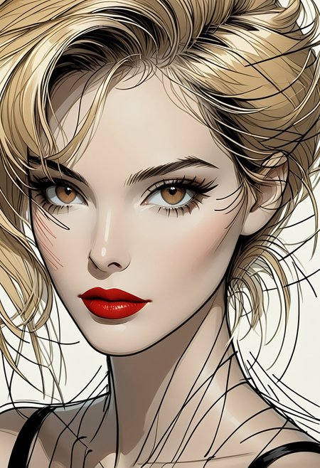 masterpiece,best quality,amazing quality, mature, clean lines, subtle lighting, bold outlines, cel shading, very aesthetic, absurdres, newest, Patrick Nagel inspired,
1girl, medium shot, closeup, portrait, black and white drawing, blonde hair flat colors, solo, brown eyes, red lips, feminine, (ScribbleRay:1.5),