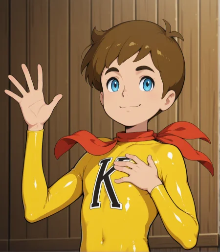 izumiken, clothing, neckerchief,best quality, absurdres, 8k,1boy, yellow clothes,yellow  bodysuit, brown hair,closed mouth,smile,eyes,upper body,solo,waving,hand on own chest,<lora:chargeManKen:1>