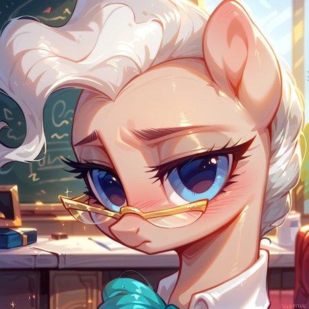 rating_safe, score_9, score_8_up, score_7_up, pony, feral, cute, Mayor Mare, 1girl, non-human, glasses, blue eyes, beige skin, quadruped, animal, pony, gray hair, tail, indoors, pretty face, curvy and petite, heavy blush, light makeup, volumetric lighting, vivid colours, detailed, shiny