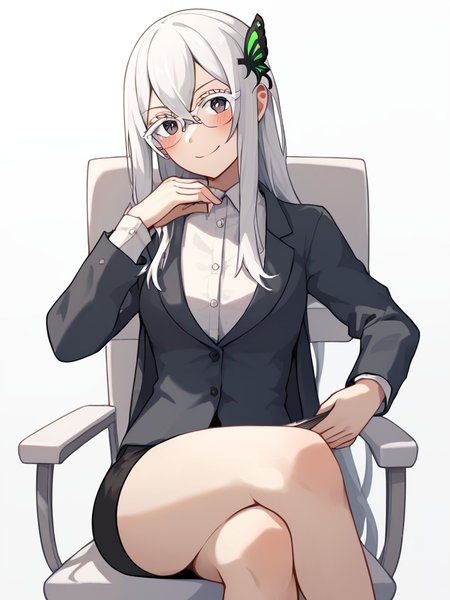 score_9,score_8_up,score_7_up,<lora:echidna_(re_zero):1>,holding_book, miniskirt, pencil_skirt, echidna_\(re:zero\), green_butterfly, office_lady, simple_background, black_suit, white_suit, commentary_request, 1girl, looking_at_viewer, business_suit, crossed_legs, solo, skirt_suit, blush, long_sleeves, absurdres, black_skirt, glasses, highres, white_background, smile, sitting