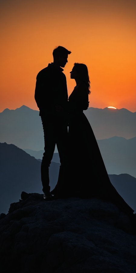 <lora:HMSGåªå½±XL-000001:0.8>,Couple standing, silhouette, mountain top, soft sunset light, romantic, surrealism style, high contrast, high definition photography, black and orange colors