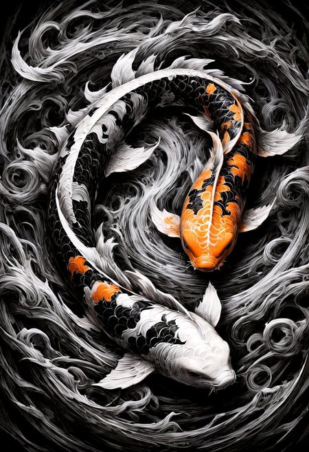 Highly detailed, absurdres, highly-detailed, best quality, masterpiece, very aesthetic, sharp outlines, high contrast, detailed, field of depth, ScribbleRay, black and white sketch Striking image of one black and one orange and white Ko.  The koi are swimming around each other, creating a Yin & Yang Symbol with ethereal mist surrounding the scene, soft ambient moonlight, detailed textures, 4K, ultra-detailed, serene, and captivating atmosphere, juxtaposition of shadows and light.