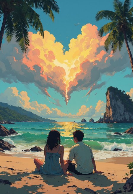 A breathtaking Image and Nature, Picturesque beach of Koh Yao Noi island, ((a woman and a man are sitting close to each other at the beach, towards a big heart made of clouds)) towards the ocean, on the beach, from behind, hugging each other, palms,an amazing view of the surrounding boulders rising out of the water, rich and complex oil painting of sounds, a living tapestry woven from the hues and textures captured by a digital, best quality, double exposure, realistic, whimsical, fantastic, splash art, intricate detailed, hyperdetailed, maximalist style, psychedelic, post-apocalyptic, photorealistic, concept art, sharp focus, harmony, serenity, tranquility, mysterious glow, ambient occlusion, halation, cozy ambient lighting, dynamic lighting,masterpiece, liiv1, linquivera, metix, mentixis, excellent composition, finest details, highest aesthetics, strong muted Highlighter of the turquoise ocean around, Blue hue, mystical glowing, best quality sharp focus, high contrast, stylized, clear, colorful, surreal, ultra quality, 8k, best quality, a breathtaking masterpiece, award winning, DB4RZ, DB4RZ style painting, NeoPigma, in the style of cksc, anime, cyberpunk