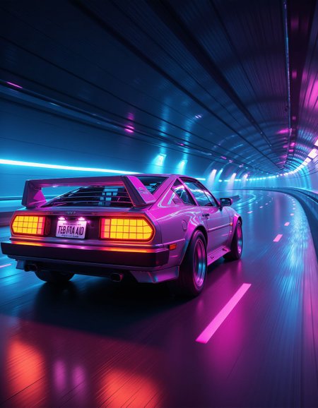 <lora:ck-Neon-Retrowave:1>, ck-nw, in the style of ck-nw, action shot of a car driving through a tunnel