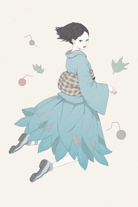 kchiba1 illustration. 
A young woman, with her back to the viewer, is floating in mid-air. She is wearing a blue kimono with a skirt adorned with leaves. She is turning her head to glance backward.
 <lora:kchiba1_cap_d6a3:1.0><lora:837664660481173133:0>