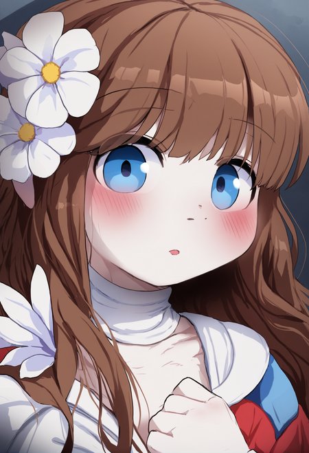masterpiece, hyper detailed, best quality,(furry:1.3),1girl, solo, blue eyes, parted lips, portrait, long hair, brown hair, looking at viewer, hand up, colorful, bangs, shadow, flower, close-up  ,<lora:DAGASIXLlokr8f-000188:0.95>
