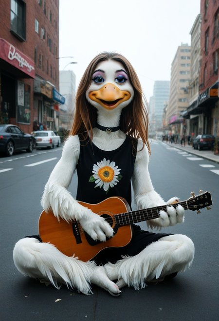 score_9, score_8_up, source_cartoon, toony, 1girl, solo, furry, bird girl, beak, white feathers, blue eyes, eyeliner, very long hair, flat hair, brown hair, straightened hair, hippie, 1970, new york, long neck, flower shirt, choker, guitar, sitting, street, acoustic guitar, outdoors, trash fire