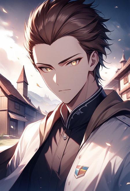(best quality, masterpiece), 1 boy,18 years old, medieval village, dark mood, Arrogant,
brown hair, faux hawk, no bangs, blue and white color student uniform
 , looking at viewer, Unobtrusive golden eyes, Dull golden eyes,