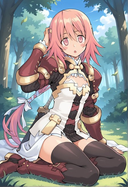 (masterpiece, best quality, newest, absurdres, highres),
white background, outdoors, blue sky, forest, cloud, wind, leaf, fantasy,
1girl,  <lora:eina_(summon_night)_v0.21:1>eina (summon night), pink hair, pink eyes, hair ornament, blush stickers, long hair, low-tied long hair, armor, brownn armored dress, gauntlets, cleavage, cleavage cutout, black thighhighs, leather boots, gold trim,
weapon on back, sword, sheath, cross hair ornament, white ribbon, flat chest,
long skirt, high-low skirt,
yokozuwari, on grass, looking at viewer, hand on own head, head tilt, hand on floor, full body, :o, open mouth,