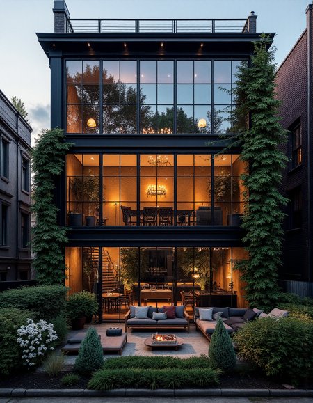 A modern, three-story urban townhouse with a sleek black exterior and large glass windows. The ground floor should feature a cozy outdoor living space with a couch, coffee table, and potted plants. Inside, the living room should be visible with a brick wall and a staircase leading to the upper floors. The second floor should showcase a dining area with a table and chairs, and the third floor should be a bedroom with a bed and a large window offering a view of the surrounding cityscape. The roof should be flat and include a small balcony. The building should be surrounded by lush greenery, including tall trees and bushes. The sky should be a clear blue, indicating a sunny day. The interior should be well-lit, with warm yellow lighting visible through the windows. The overall style should blend modern architecture with urban elements, creating a striking contrast between the dark exterior and the vibrant green surroundings. aidmaHyperrealism <lora:aidmaHyperrealismv0.3:0.6>  <lora:Sinfully_Stylish_.02_for_FLUX:0.6> in the style of Jed-clrfl <lora:flux-colourful:0.3>  <lora:FluxDFaeTasticDetails:0.6>