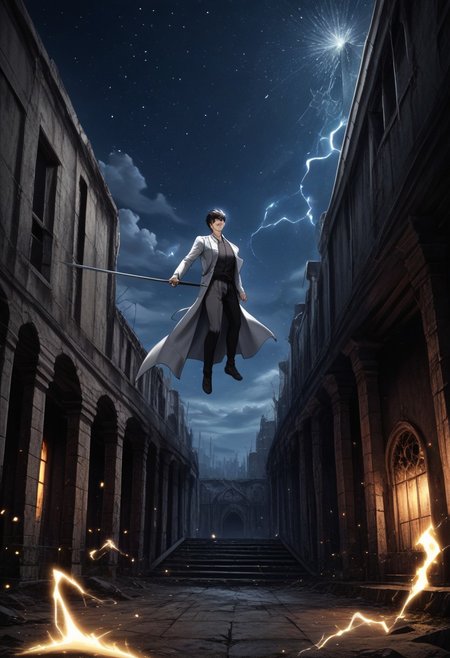 KimDokja, brown eyes, black hair, short hair, Kim clothes, smiling, holding a book in one hand and a sword in the other, sparks of electricity jumping in the background, detailed eyes, full body shot, night, starry sky, beautiful sky, detailed background, abandoned city, ruins, ((detailed face)), 
He wields a glowing, celestial sword,