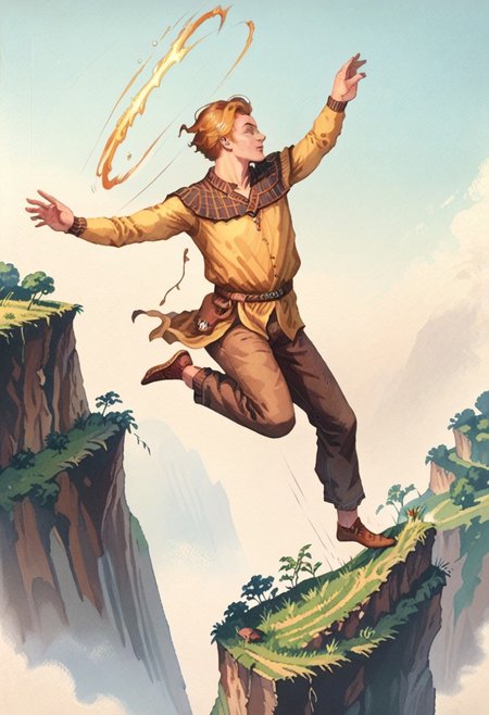 score_8, score_8_up, score_7_up, oblivionarts, 1boy, male focus, solo,  adoring_fan, (((jumping off a cliff))), simple background,