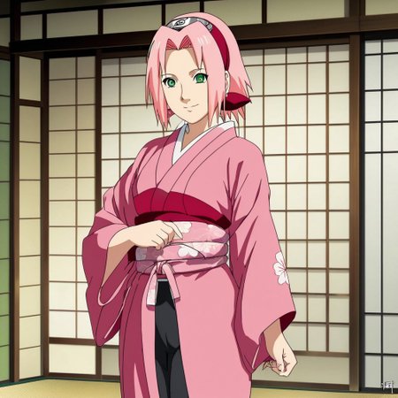 rating:Safe, A hot and sexy picture of Sakura Haruno, flaunting her curves wearing a beautiful pink kimono , standing , full body view , forehead mark , green eyes , cute smile