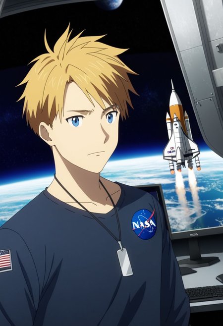 high resolution, professional photography, best quality, 1Boy, Yamato Ishida, blond hair, deep blue eyes, necklace, rocket engineer, nasa, OverallDetail