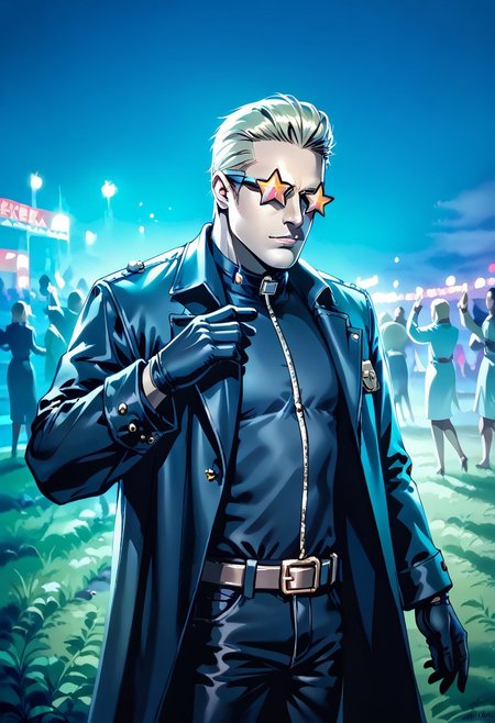 masterpiece,best quality,score_9, score_8_up, score_7_up, BREAK, <lora:albertwesker-guy-PONYv1:1>, 1boy, solo, albertwesker,(black gloves, star shaped sunglasses, belt, pants, long coat, trench coat, black coat, black pants),(upper body),(outdoors,festival scene,night,people,people dancing)