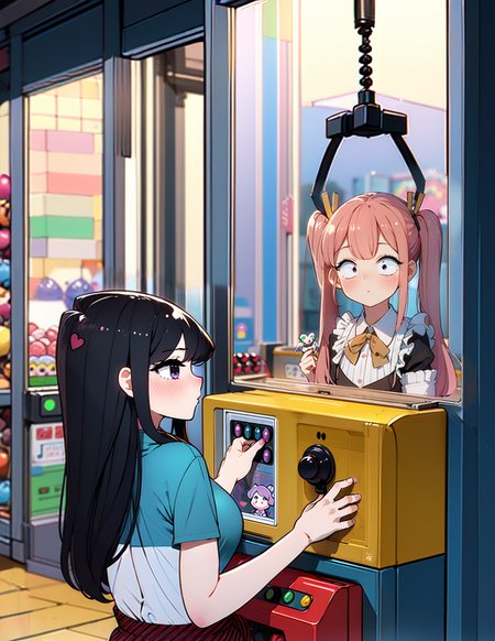 (((masterpiece))), (((best quality))), ((claw machine)), hands on bottom panel, control long joystick and press button, using clamp to pull the toy up, 1girl, komishouko, shy, blush, school uniform, claw machine,  <lora:girllikeclawmachine_v20:0.6>,  <lora:komi_shouko:0.8>,  rear view,