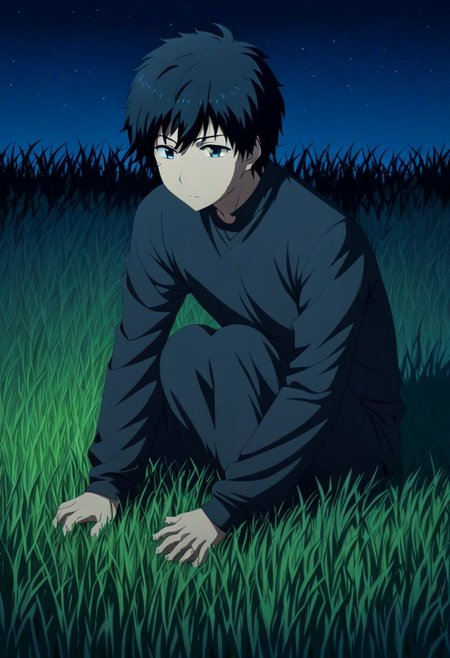high resolution, solo, best quality, 1Boy, Arata Kaizaki, Black Hair, grass, middle night, OverallDetail