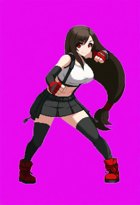 masterpiece, best quality, solo, 1girl, smile, looking at viewer, <lora:Dengeki_Bunko-illus_Fp:1>, full body, pixel art, simple background, tifa lockhart, fighting stance,