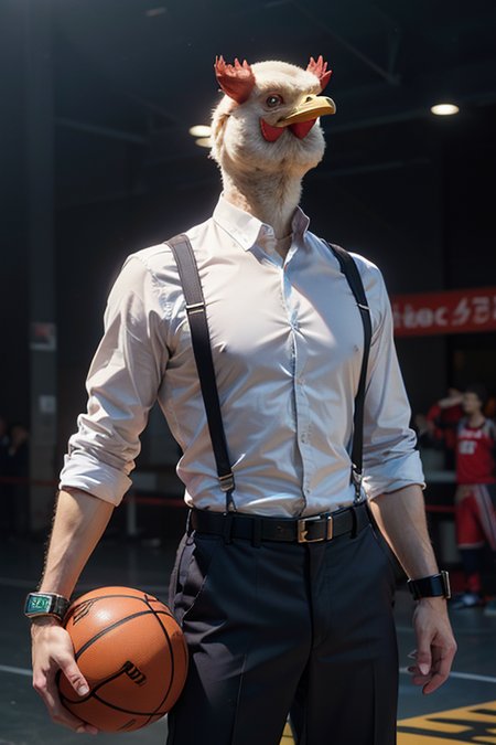 masterpiece,best quality,ultra high res,realistic skin,Dramatic lighting,1chicken man,
((anthropomorphic)),Black high-necked clothes,((Braces trousers)),playing basketball,