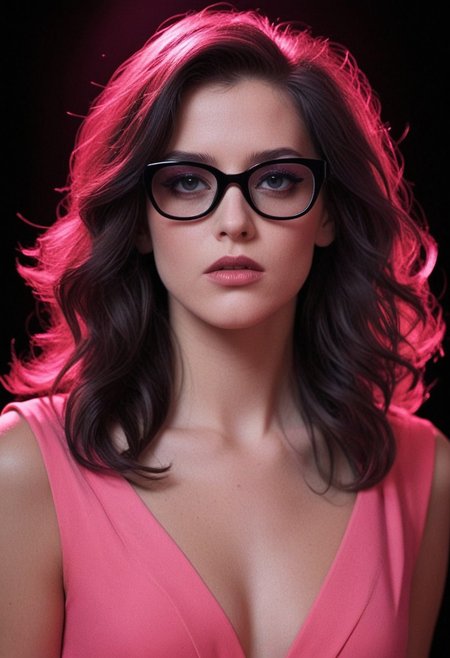 ((Introduce quality iteratively))((unambiguous unequivocal sampling)) (((Very long hair)))(extreme haute couture pink cocktail dress)(detailed skin, pores, sweat, blush, imperfections)(mysterious, ethereal, intimidaitng. cinematic lighting, epic cinematic color style)(inspired by style of David Lynch and Stanley Kubrick doing things never done before)(pure sharpness)(k black point)((art of greatness))(magnificent gradients)((blacklight ultraviolet colors complementary saturated hues))((vignette))f(x)Thriller. Glasses.