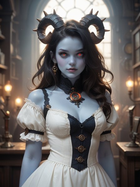 score_9, score_8_up, score_7_up, steampunk girl, sexy, delil horns,  blue skin, black hair, white dress, glowing red eyes, <lora:EnvyPonyPrettyEyes01:0.4>