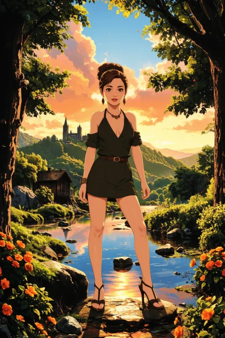 bun auburn hair (young woman), (druid:1.2), anime, illustration, (extremely detailed), (portrait), (standing:1.2), (happy smile), flower in hair, glossy lipstick, celtic necklace, oval earrings, loincloth, (sandals),  Olive Green (druid short dress), (legs), heels, (sharp focus),  fantasy, (beautiful celtic landscape:0.9), (small rock:0.9), (moss:0.4), (ripples, reflections:0.8), celtic  castle, (small river small pond:0.5), druid forest, (druid village:1.2), (stunning nature environment:0.8), (enchanted land:0.5), clovers, (Bright Orange flowers:0.9), leaves,bright (sunny sky), (sunset:0.3), best quality, colorful, wet floor, raytracing, hdr, high contrast, ethereal natural lights, backlight, (lens flare:0.4), shadows, (vibrant colors, colorful):0.6, pretty, beautiful, happy, smiling, feminine, sexy, lovely, in love, adorable, fashion,  <lora:Hand v2:1> <lora:Anti-Blur:1><lora:Insane Detail Slider:0.5>  <lora:flux.1_lora_flyway_Epic-detail_v2:0.3><lora:fluxenhancer:0.5> <lora:RetroAnimeFluxV1:0.4> <lora:Luminous_Shadowscape:0.4>  <lora:SujatmikoArafuru_Flux:0.2> Suzume style