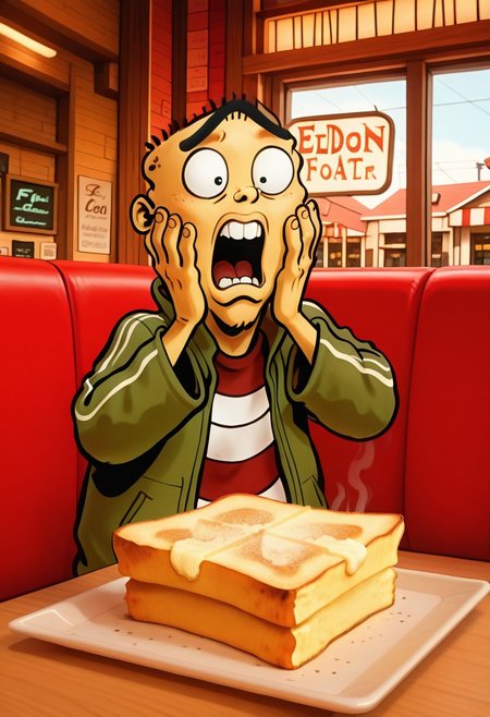 IllusP0s, edboi, mnbrow, green jacket, red and white striped shirt, unibrow, amazed, 1boy, delicious food, hands on own face, food focus,  piece of toast, f3rn4nd0, western comic \(style\), restaurant background, detailed background,
