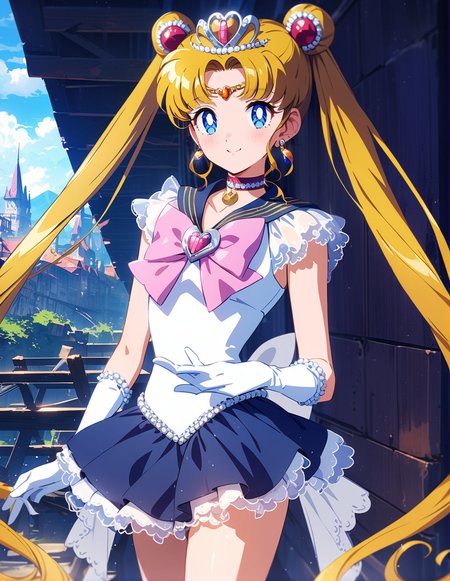 1girl, solo, <lora:sdxl-lyco-princess-sailormoon-animagine_xl_3_1-v1-apple:1>, princesssailormoon, double bun, twintails, circlet, earrings, frill, choker, tiara, bow, white leotard,gloves, miniskirt, standing  ,smile, best quality,medium quality, very aesthetic, ultra-detailed, intricate details, 4k,, newest, (retro:-1.0) ,(1990s:-1.0), BREAK  under a bridge