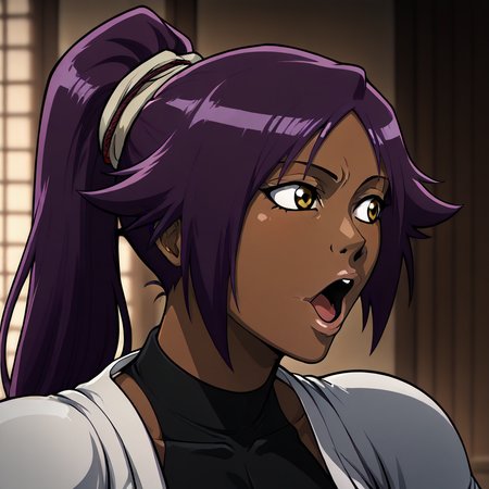 masterpiece, best quality, newest, absurdres, highres, anime, anime style, POG-V1.0IL, pogchamp (meme), meme, :o, looking to the side, 1girl, shihouin yoruichi (bleach), dark-skinned female, yellow eyes, ponytail, Purple hair,