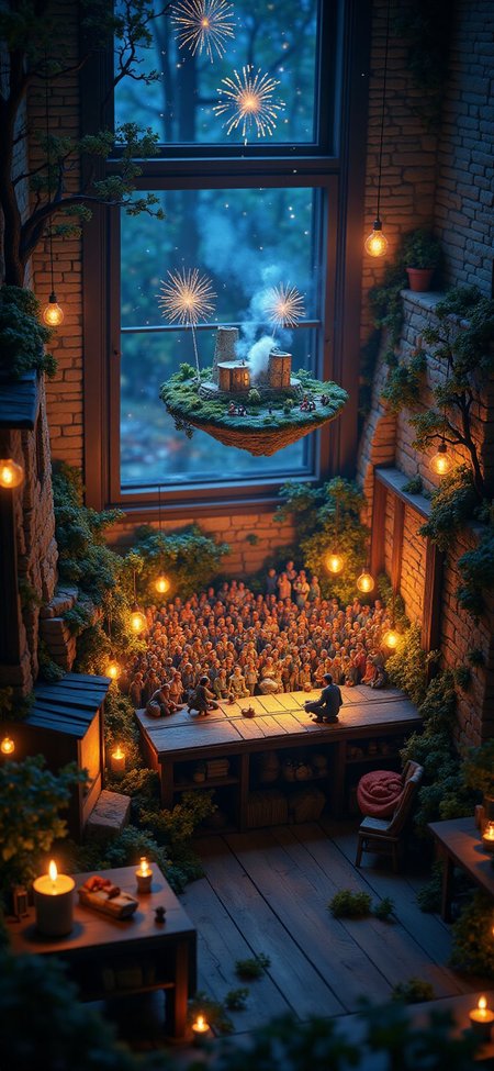 (indoor,very wide isometric view,tilt-shift lens:1.6), (windowless,fna_style,miniature,miniature,diorama,miniature,diorama,PVC,plastic:2),starry night desert,forest,led with fiber lights,fireworks,concert with crowded  at (floating island,levitating  island:1.5) on (table:2) at (attic:2.5)   <lora:Diorama_Flux:1>
<lora:Fantasy_Novel_Art_Style:1>