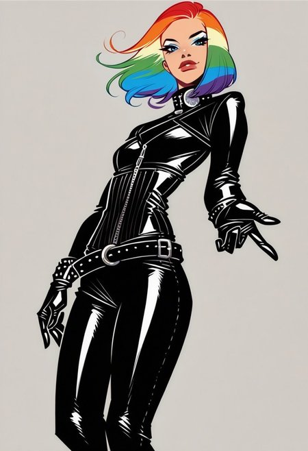 score_9, score_8_up, score_7_up, dutch_angle, from_below, footwear_focus, simple_background.
 BREAK 
A beautiful petite woman in her 20s with a rainbow hair in black leather bodysuit, long sleeves, {cowboy shot, head turned, looking at viewer}, {hair flowing, head tilted}, black rubber gloves, corset, HW_Corset, collar, tight black latex pants, belts, slim body, posing in a rainy street