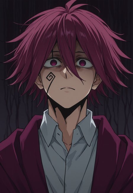 masterpiece, best quality, amazing quality, very aesthetic, absurdres, newest, detailed background, 1uoYang, 1boy, solo, male focus, facial tattoo, no pupils, purple hair, purple eyes, purple cloak, collared shirt, upper body, knife, crazy eyes, closed mouth, serious, shaded face, gloom