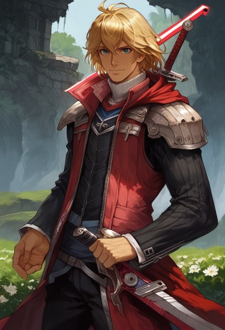 (((beautiful, high quality, masterpiece))), score_9, score_8_up, score_7_up, highly detailed, perfect eyes, perfect hands, BREAK, 1boy, shulk, blond hair, blue eyes, BREAK,
holding monado, monado, red sword, monado sword, red clothes, shulk clothes, shulk outfit, plains, (happy), posing, looking at viewer