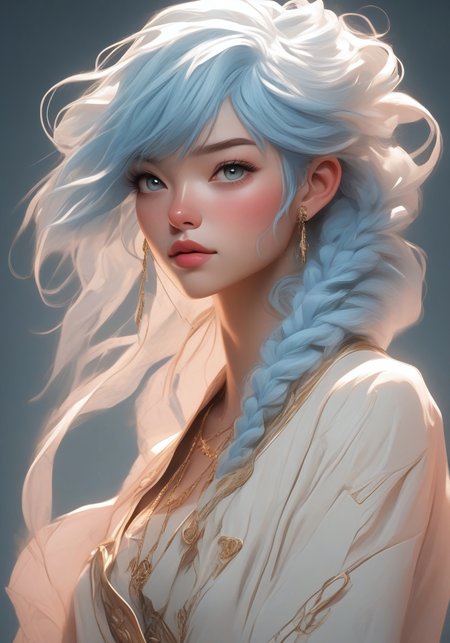 Anime-style digital illustration, source_anime, 1girl, solo, (ethnicity:1.2), with vibrant light blue hair (detailed hair:1.2), braided, and adorned with white accents, (detailed clothing:1.2),  a light cream-colored, traditional-style robe (accessories:1.1), holding a small light blue dragon (detailed features:1.2) close, (facial features:1.3), (expression:1.2) happy and engaging, (body type:1.1), (pose:1.2), centered in the image, facing the viewer, gentle pose, soft lighting, subtle blush, and detailed skin texture (detailed skin texture:1.2),  high detail, dynamic lighting, detailed dragon features, (accessories:1.1), gold bell-shaped earrings, light beige background, digital illustration, soft focus, style reminiscent of digital art, detailed rendering, 8k resolution, photorealistic style.