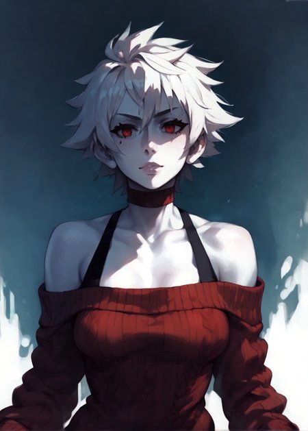 white skins, spiky red short tomboy hair, neutral expression, tight sweater, <lora:NAHIRI:1> nahiri, 1girl, solo, short hair, breasts, bare shoulders, white hair, colored skin,  <lora:RD-MAnon-XLV1.1:1>  female,, source_anime, score_9_up,  score_7_up, score_8_up