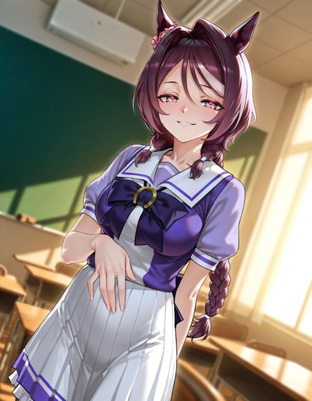 masterpiece, best quality, amazing quality, very aesthetic, high resolution, ultra-detailed, absurdres, newest, scenery, 
1girl, solo, umamusume, sakura chitose o \(umamusume\), braided ponytail, symbol-shaped pupils, 
tracen school uniform, short sleeves, 
indoors, classroom, 
cowboy shot, smug, looking at viewer, <lora:sakurachitoseoillv1:1>,, glowing, colorful, photorealistic, shiny_skin,dutch angle, <lora:arcain-2411:0.4>,, HDR,photo background,detailed eyes,detailed hands,detailed clothing,detailed shading,dim lighting,chiaroscuro,BREAK depth of field,masterpiece,best quality,amazing quality,very aesthetic,high resolution,ultra-detailed,absurdres,newest,scenery,volumetric lighting,