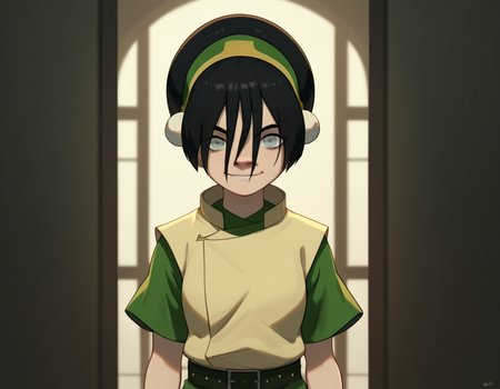score_9, score_8_up, score_7_up, source_anime, <lora:toph-beifong-book2book3-ponyxl-lora-nochekaiser:1>, toph beifong, black hair, hairband, blind, grey eyes, hair between eyes, short hair,, shirt, green shirt, vest, belt, short sleeves,, indoors, smile, looking at viewer, solo,, cowboy shot, dutch angle