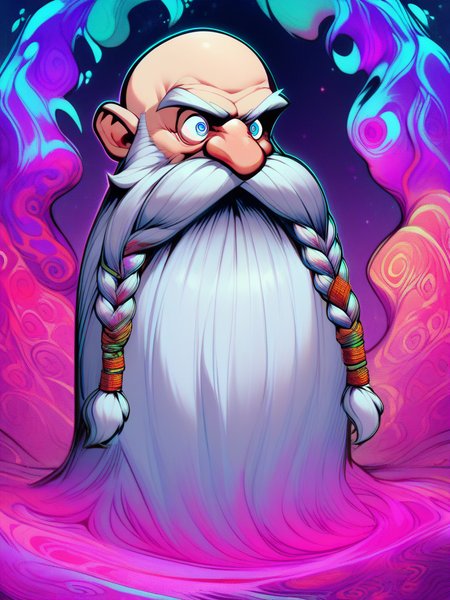 Psychedelic style , score_9, score_8_up, score_7_up, score_6_up, score_5_up, score_4_up, <lora:Harry_Dwarf_Pony_XL:1>,  
Harry_Dwarf,  bald, bangles,  with long Silver beard and braided moustache,  exciting, dynamic . Vibrant colors, swirling patterns, abstract forms, surreal, trippy