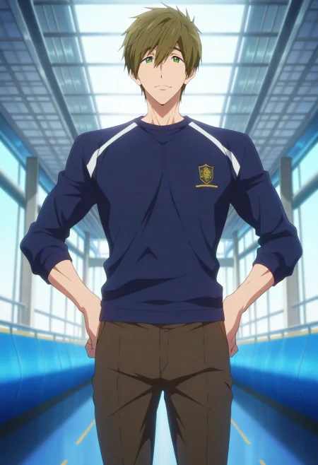 masterpiece, best quality, , anime screencap, anime coloring, , , 1boy, solo, male focus, <lora:makoto_tachibana_ilxl:0.9>, makoto_tachibana, brown hair, green eyes, hair between eyes, tachibana makoto, wide angle, wide shot, cowboy shot, highway, indoors, light, hands on hips, skin fang,