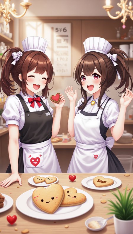 blissful valentine, A cozy anime-style bakery where cheerful waifus bake and decorate heart-shaped cookies, flour on their cheeks, laughter filling the air as they craft adorable treats.