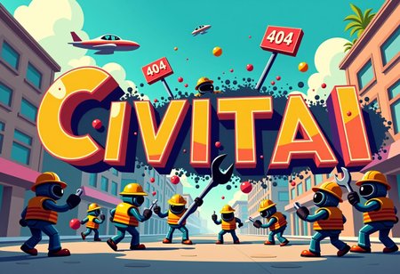 score_9, score_8_up, score_8, score_9, 
A group of whimsical robots wearing tool belts, hard hats, and safety goggles, attempting to fix a gigantic "CIVITAI" sign that has exploded into a burst of colorful pixels. Each robot is trying to piece together the letters of the word "CIVITAI" while one robot is holding a giant "404" wrench and another is juggling error messages.
In the background, a quirky robot supervisor with a clipboard is watching the chaos unfold.
The scene is set against a backdrop of a whimsical, futuristic cityscape with flying cars and neon signs that add to the overall sense of playful chaos and high-tech mishaps.