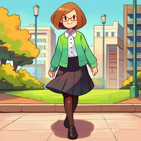 zPDXL, score_9_up, score_8_up, score_7_up, best quality,  source_anime, blue background, park, detailed background, arms at sides, BREAK 1girl, solo, nikki_(/swapnote/), brown hair, dot eyes, red glasses, bob cut, white button shirt, green coat, long sleeves, skirt, pantyhose, black shoes, smile, walking, <lora:PDXL_Nikki_Swapnote:1>