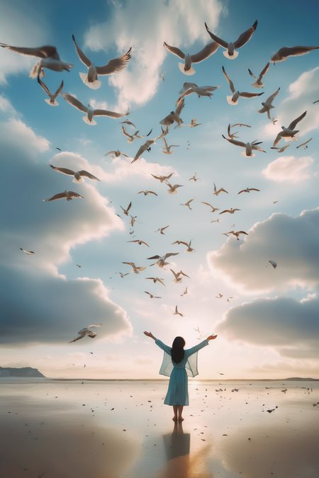 <lora:Elizabeth Gadd Style:1>Elizabeth Gadd Style - The central focus of the shot is a Chinese girl standing on the sandy beach under the blue sky and white clouds, with her arms outstretched towards the sea and the setting sun, accompanied by seagulls in the sky.