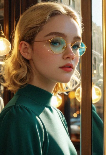 beautiful girl looking at her reflection in glass, reflection effect, girl standing in bookstore, outside the window is a New York street, view of a girl through glass, reflections of lamps in the window, big window, delicate feminine facial features, light golden hair, slightly curly hair, freckles, emerald dress, puff sleeves, shine eyelashes, short hair,  beautiful blue eyes, round glasses, light eyelashes,  reflection, highly detailed portrait, high quality, 34K uhd, masterpiece, high detail, 8k, intricate, detailed, high resolution, high res, high quality, photorealism, <lora:add-detail-xl:1.8>, highly detailed, Extremely high-resolution details, fine texture