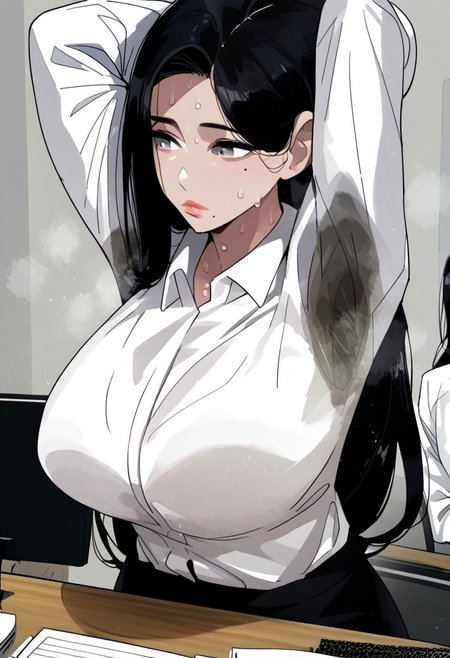 zPDXL2, score_9_up, score_8_up, score_7_up, froma above, sit on her desk, office, pc, tired, she is suffering from the heat, disconfrot, (Anime_source), high detail face, best quality, absurd res, 1girl, RaheeDo, gray eyes, black hair, long hair, mole under eye, mole under lips, office clothes, white shirt with long long sleeves, cowboy shot, looking at her pc, ,  (big breasts:1.4), sweaty:1.2, , arms down,, sweat stain under armpit:1.5, steamy:1.2,
